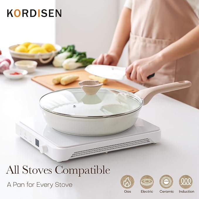 Nonstick Ceramic Frying Pan with Lid, 12.5 Inch Ceramic Large Skillet with Lid, Healthy Non Toxic Cooking Pan, Stay-Cool Handle, Induction Compatible, PFOA & PFAS Free, White