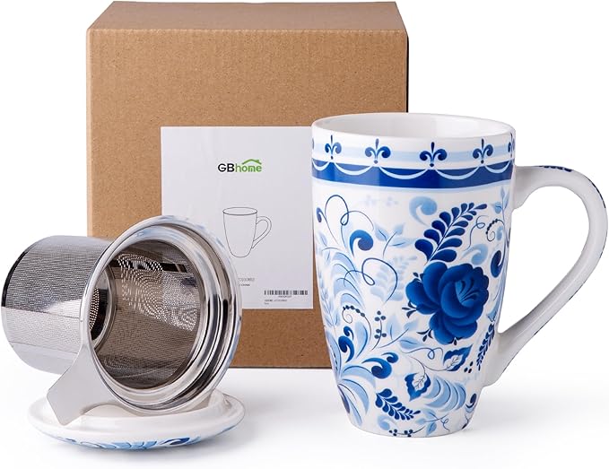 GBHOME Tea Mug with Infuser and Lid, 18 Ounce Large Ceramic Loose Leaf Tea Cup, Microwave, Dishwasher Safe Tea Steeping Mug, Pefect Gift For Tea Lover.