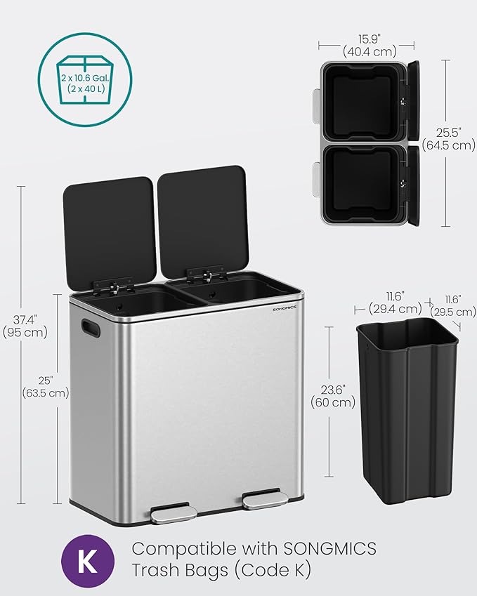 SONGMICS Trash Can, 2 x 10.6 Gallon (2 x 40 L) Garbage Can for Kitchen, with 15 Trash Bags, 2 Compartments, Plastic Inner Buckets and Hinged Lids, Airtight, Silver and Black ULTB730E80