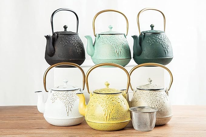 Tea Kettle, TOPTIER Japanese Cast Iron Teapot with Infuser for Loose Leaf and Tea Bags, Stovetop Safe Cast Iron Tea Kettle Coated with Enameled Interior for 40 oz (1200 ml), Light Green