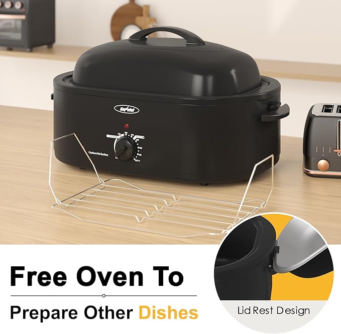 Roaster Oven, Electric Roaster Oven with Viewing Lid, Large Roaster with Removable Pan & Rack, Turkey Roaster with Unique Defrost/Warm Function, Stainless Steel, Black, 18QT