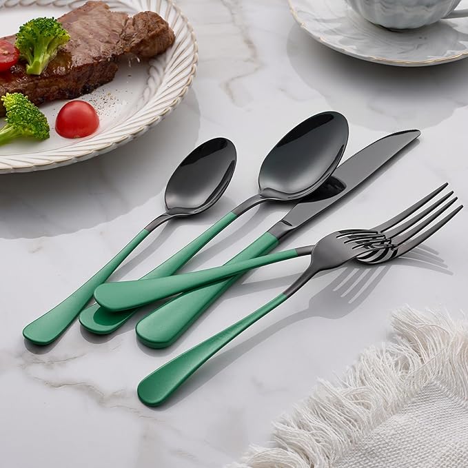 20-Piece Green Silverware Set - 18/0 Stainless Steel, Black Silverware Set With Green Handles - Dinner Knives, Forks, Spoons - Dishwasher Safe