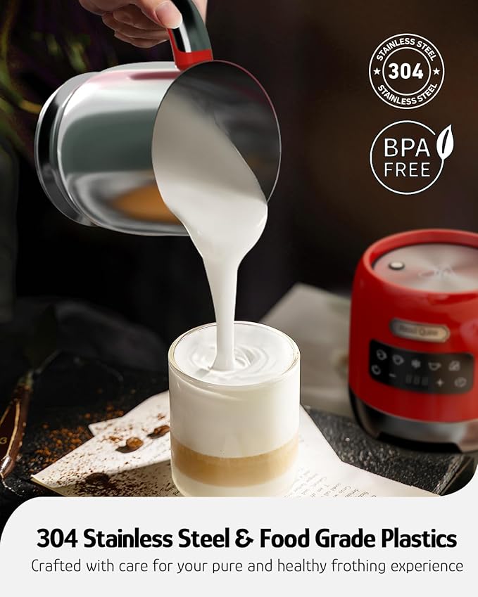 Hazel Quinn Milk Frother - Milk Steamer with Adjustable Temperature & Foam Thickness, Dishwasher Safe, Detachable Base, for Latte/Cappuccino/Hot Chocolate, Cold Foam, 400ML (13.5OZ) - Ruby Red