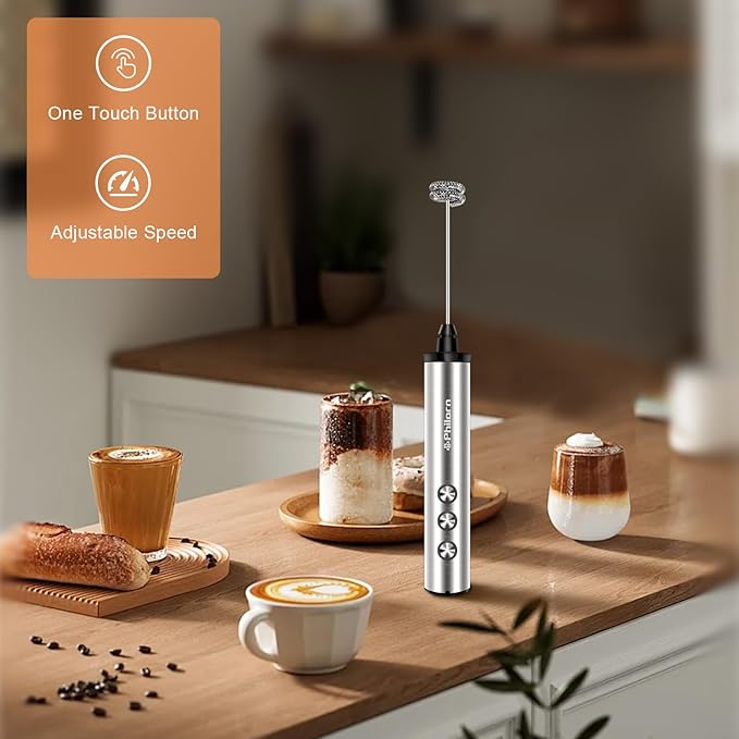 Philorn Milk Frother Rechargeable with Stand, Handheld Frother Wand for Coffee with 3 Heads 3 Speed, Powerful Hand Mixer Electric Whisk for Latte, Cappuccino, Frappe, Matcha, Hot Chocolate, Keto Diet