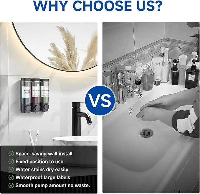 Shampoo and Conditioner Dispenser Shower Dispenser Body Wash Wall Mounted Shampoo Dispenser for Shower Wall No Drill for Bathroom Hotel 3 Chamber x 300ml Black with Waterproof Labels