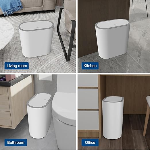 Naisu 15 Liter Rectangular Plastic Trash Can Wastebasket with Press Type Lid,4 Gallon Slim Plastic Trash Bin, Trash Can Waste Bins for Bedroom, Bathroom, Office, Kitchen, Powder Room(White)
