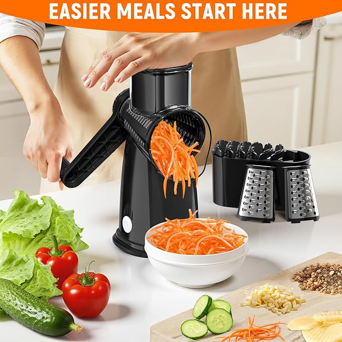 Rotary Cheese Grater Hand Crank with 5 Interchangeable Blades, Vegetable Slicer Chopper for Fruit Vegetable Nuts, Mandoline Slicer for Kitchen with Blades Rack & Suction Base, Black