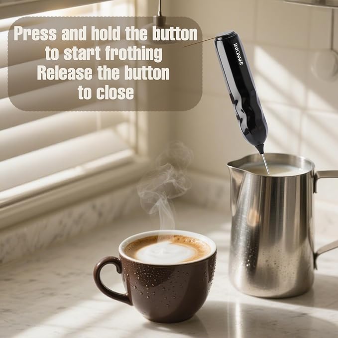 RAYONNER Milk Frother Handheld Fast Powerful Drink Mixer with Stainless Steel Whisk for Coffee, Battery Operated (Black with Stand)
