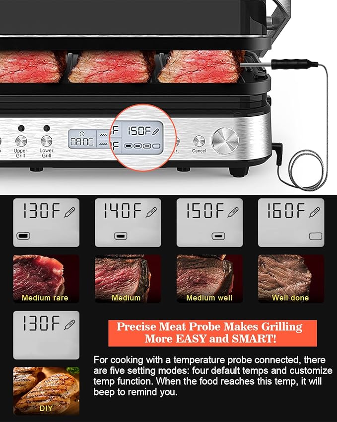 Panini Press Grill Sandwich Maker with Removable Plates, Cattleman Cuisine 6 in 1 Indoor Grill with Meat Thermometer, Electric Contact Grills for Kitchen, Stainless Steel, 1600W