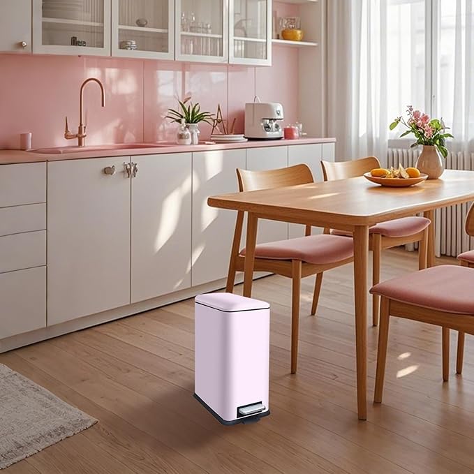 Pink 16.7L/4.4 Gallon Bathroom Trash Can with Lid. Features a removable inner bucket, a soft - close lid, and a stainless - steel step pedal. Ideal for use in the bathroom, kitchen, and home office.