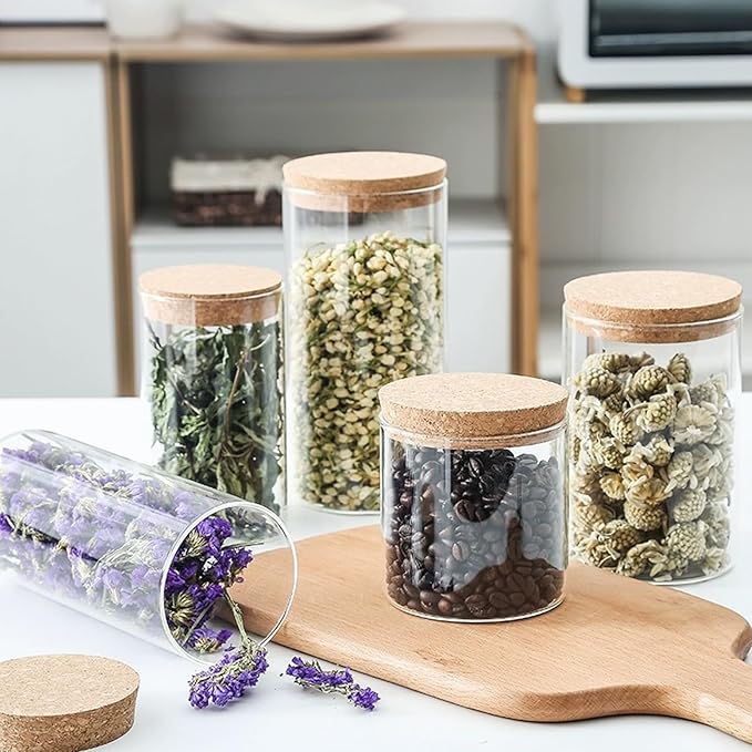 Airtight Glass Storage Containers with cork Lid, for Kitchen Pantry Organization and Storage jar,Ideal for Coffee Beans Snacks Flour Cereal Sugar Tea 16oz. (Circular 3.9 * 3.3in*4pcs)