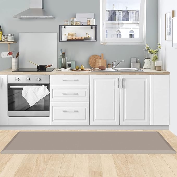 KitchenClouds Kitchen Mat Cushioned Anti Fatigue Kitchen Rug 17.3"x60" Waterproof Non Slip Kitchen Rugs and Mats Standing Desk Mat Comfort Floor Mats for Kitchen House Sink Office (Khaki)