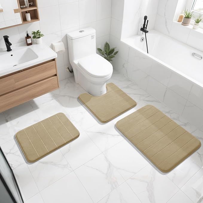 Yimobra Memory Foam Bath Mat, Super Soft Absorbent Bathroom Rug Non Slip 24x17 Inch, Quick Dry, Machine Washable Floor Carpet for Tub Shower, Home Decor Accessories, Pale Khaki