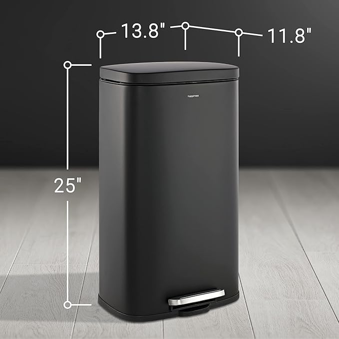 happimess HPM1011B Curtis 8-Gallon Step-Open Trash Can with Soft-Close Lid, Modern, Minimalistic, Fingerprint Proof for Home, Kitchen, Laundry Room, Office, Bedroom, Bathroom, Black