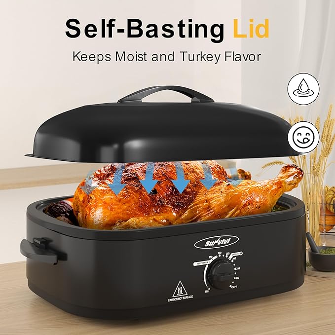 14-Quart Electric Roaster Oven with Self-Basting Lid, Turkey Roaster Oven with Removable Pan and Rack, Stainless Steel, Black, 14 QT