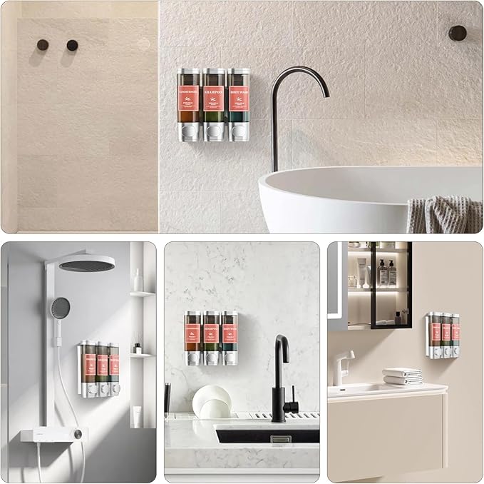 Shampoo and Conditioner Dispenser Wall Mounted Shower Soap Dispenser No Drill Shampoo Dispenser for Shower 3 Chamber Bathroom Body Wash Shower Gel Holder Sliver