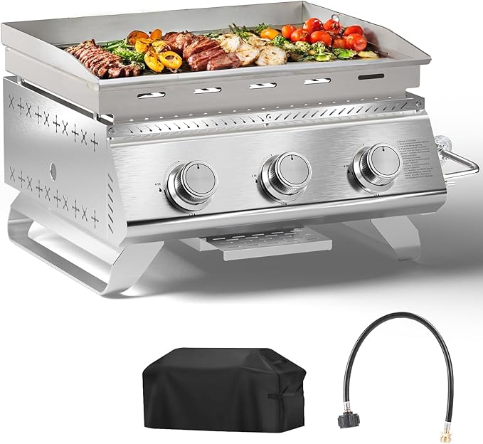 3-Burner Stainless Steel 2-in-1 Tabletop Grill and Griddle Combo, 24,000 BTU Portable Flat Top Propane Gas Grill for Commercial BBQ, Outdoor Cooking, Camping, Tailgates & Backyard