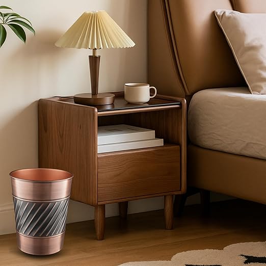 Monarch Abode Metal Wastebasket Trash Can, Handcrafted, Wave Embossed, Bathroom Decor, Antique Copper Finish