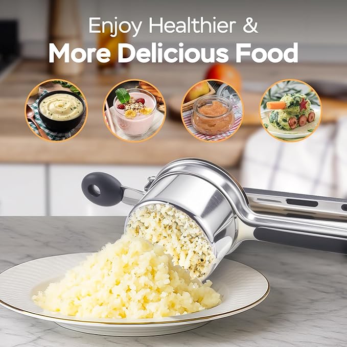 Potato Ricer and Masher Stainless Steel, Large 15 oz Heavy Duty Ricer for Mashed Potatoes, Potato Press Masher with Silicone Handle, Professional Kitchen Press Tool for Potatoes, Vegetables and Fruits
