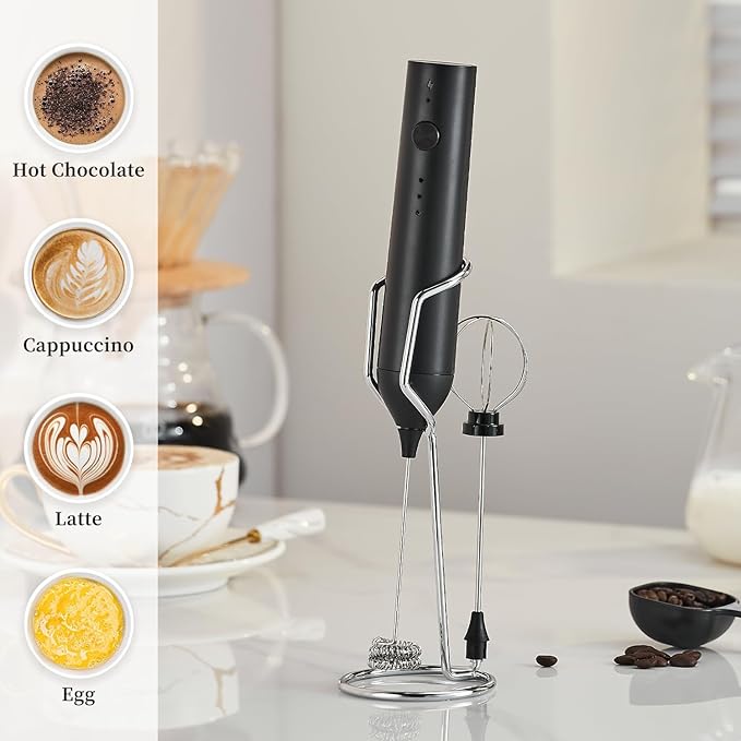 Electric Milk Frother Set, Rechargeable Drink Blender with Wand and Egg Whisk, 3 Speed Adjustable Foam Maker Mixer, Milk Frother Handled for Coffee, Matcha, Protein Powder (Black with Stand)