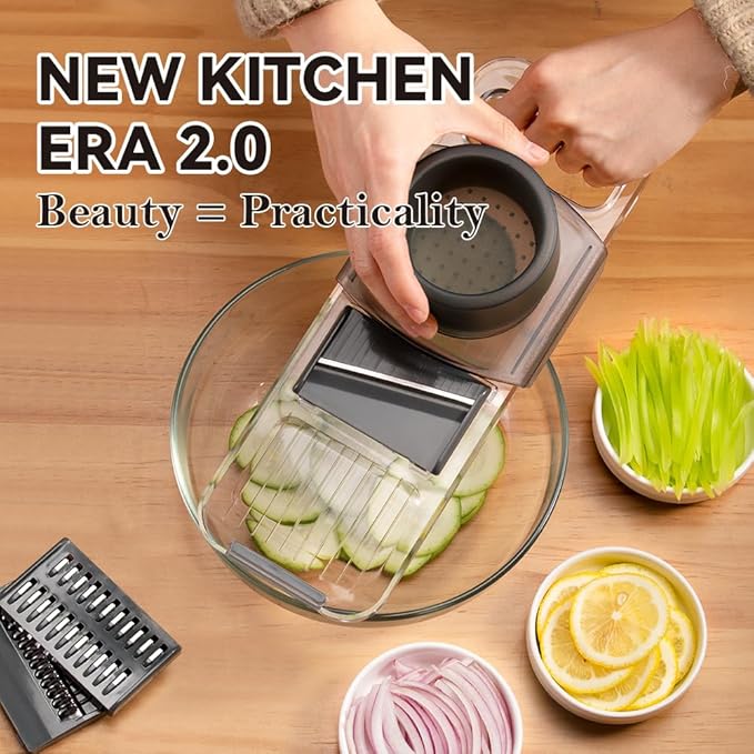 Multifunctional Handheld Mandoline Slicer for Kitchen โ Sharp Vegetable Cutter with Safety Guard, 6โinโ1 Cucumber Slicer & Grater, Crystal-Clear One-Piece Body, Easy to Clean, Sturdy & Compact