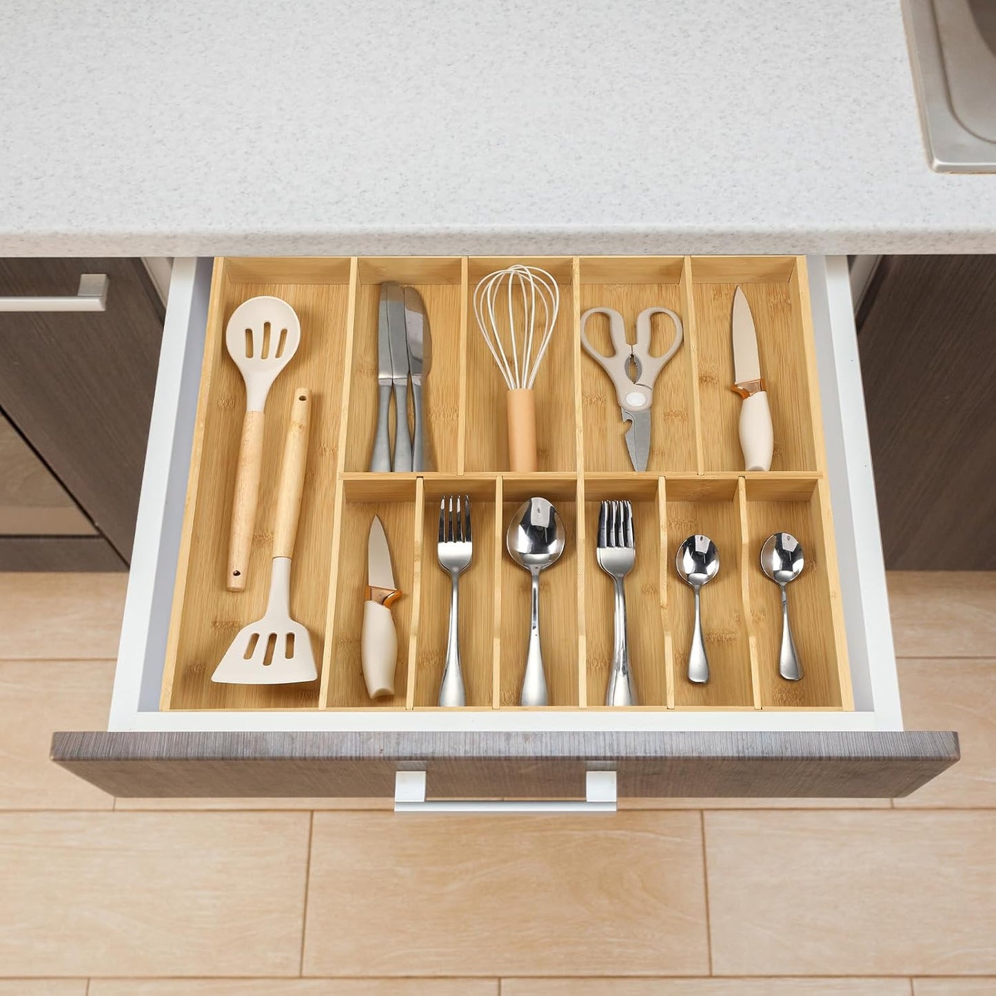 Fabsome Silverware Organizer for Kitchen Drawers, 2.5'' Deep 18.8'' Wide Bamboo Wood Flatware Tray with Deep Slots for Large Cutlery Utensil Drawer