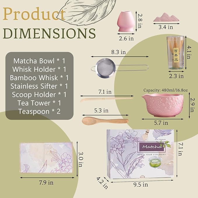 8 Pcs Pink Cherry Blossom Matcha Whisk Set Bowl with Spout Bamboo Chasen Sifter Spoon Scoop Whisk Holder Bamboo Mat Complete Matcha Making Kit