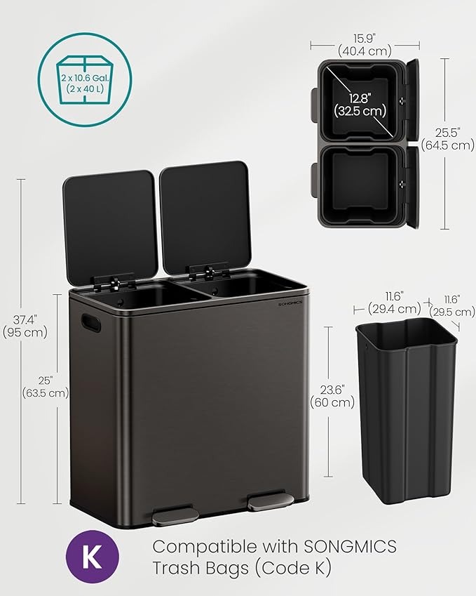 SONGMICS Trash Can, 2 x 10.6 Gallon (2 x 40 L) Garbage Can for Kitchen, with 15 Trash Bags, 2 Compartments, Plastic Inner Buckets and Hinged Lids, Airtight, Slate Gray ULTB730G01V1