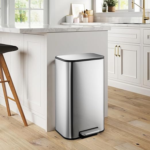 8 gal Kitchen Trash Can, 30 L Stainless Steel Garbage Can with Soft-Close Lid, Rectangular Waste Bin with Inner Bucket for Home Office Living Room