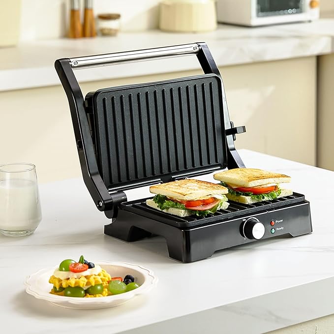 Panini Press Grill Sandwich Maker, Large Electric 3 in 1 Panini Sandwich Maker Grill, Open 180 Degrees for Grill Indoor, Perfect for Grilling Steaks, Burger, Sandwich,Non-stick Pan, Black