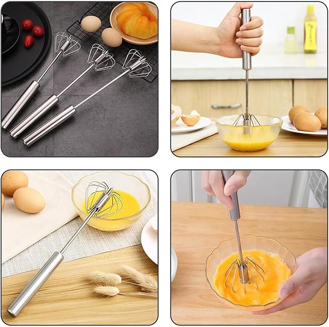 Stainless Steel Semi Automatic Whisk - 12 Inch Easy Whisk Rotating Hand Egg Beater for Milk Frother, Dough, Cream, Matcha, Hand Push Kitchen Mixer for Blending, Whisking, Beating & Stirring (4 All)
