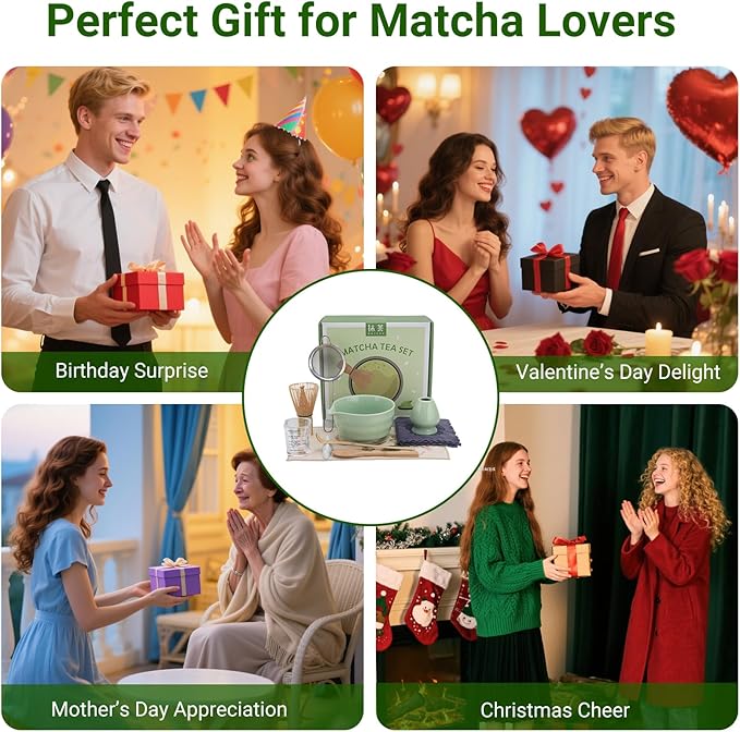 Matcha Whisk Set – 10 Pcs Macha Kit with Green Ceramic Bowl and Whisk – Ceremonial Matcha Kit, Matcha Starter Kit & Accessories – Japanese Matcha Set Gift for Tea Ceremony and Matcha Lovers