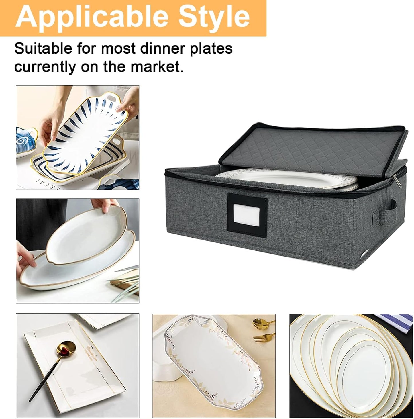Platter Storage Case - Stackable China Storage Containers Hard Shell with Durable Zipper & Label & Sturdy Handles, 5.3โ Height, Structured Top, 4 Felt Dividers Included (Dark Gray)