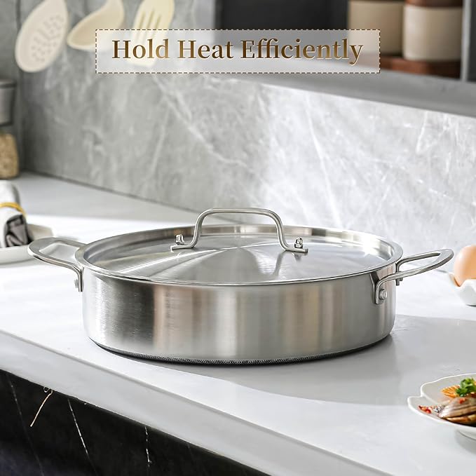 DELARLO 8Quart Tri-Ply Stainless Steel Non Stick Braiser Pan with Lid,13inch Deep Frying Pan,Large Skillet,Jumbo Cooker,Induction Compatible,Heavy Duty and Oven Safe.
