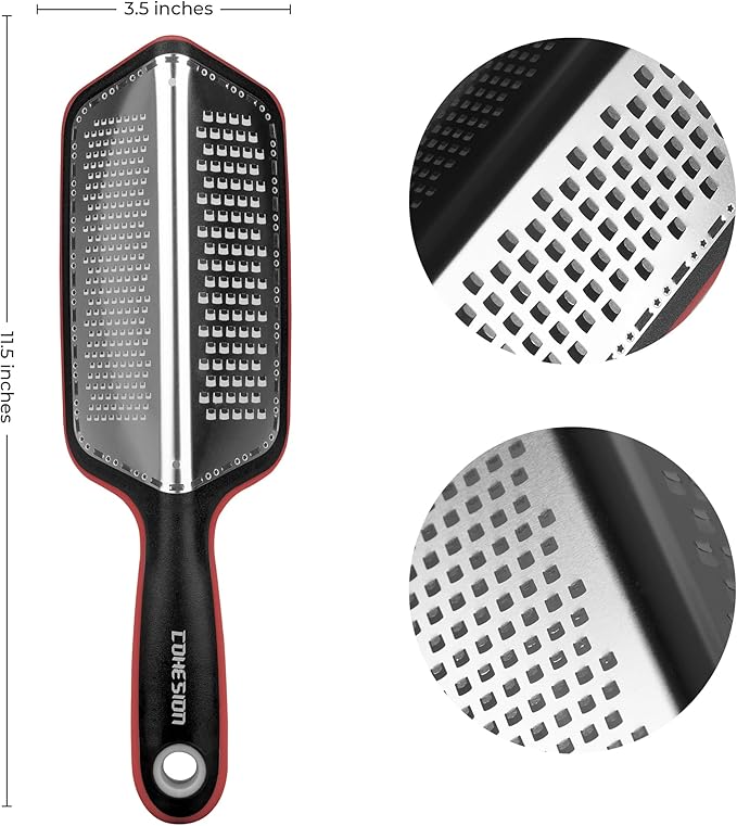 Cohesion Zester Grater for Kitchen with Double-sided - Kitchen Lemon Zester Tool for Cheese, Citrus, Garlic, Ginger, Nutmeg, Chocolate, Fruits, Vegetables with Sharp Premium Stainless Steel Blade, Red