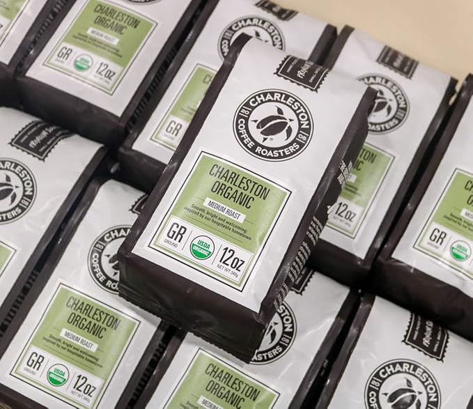Charleston Coffee Roasters | Specialty Organic Whole Bean Coffee | Hand Picked, Premium Slow Roast | (Charleston Organic, Medium Roast) 12oz, 6 Pack