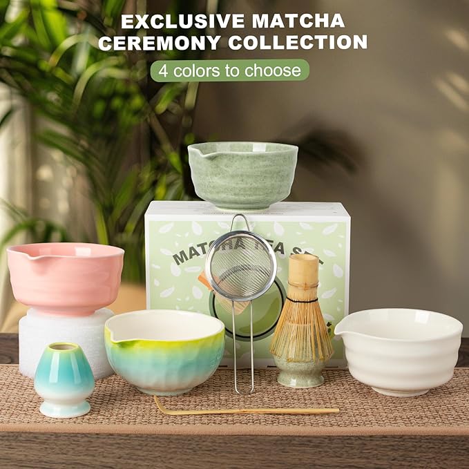 Matcha Set,5 Pcs Matcha Whisk Set Includes Bowl with Spout, Whisk,Holder,Bamboo Scoop and Sifter- Matcha Kit for Making Breakfast/Latte,Gift for Lovers(Pink)