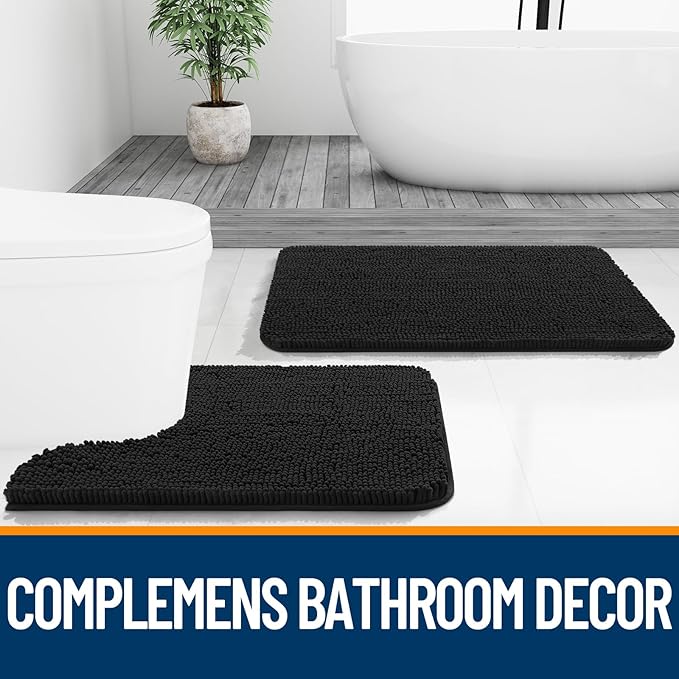 OLANLY Bathroom Rugs Sets 2 Piece, Soft Absorbent Chenille Bath Mats and U-Shaped Contour Toilet Mat Area Rug Set, Machine Washable Bath Carpet, Home Decor Accessories(36"x24"+24"x20", Black)