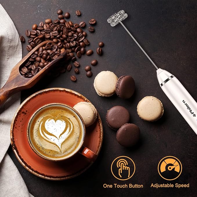 Philorn Milk Frother Wand Handheld Rechargeable Electric Whisk Coffee Drink Mixer, Mini Foamer for Lattes, Cappuccino, Frappe, Matcha, Hot Chocolate, Protein Powder, Keto Diet (White)