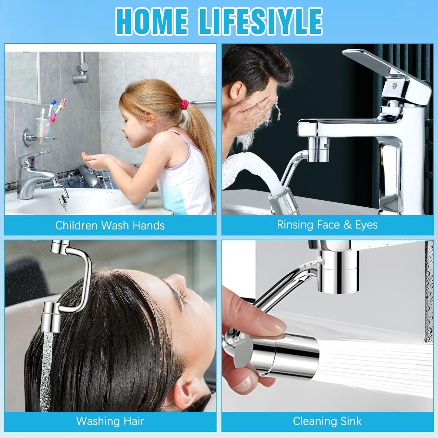 Universal Sink Faucet 1440° Rotatable Faucet Aerator Extension, U Shaped Faucet Extender for Toddlers 2 Modes Adjustable, Flexiflow 1080° Rotating Faucet Extender for Bathroom Sink/Kitchen(Silver)