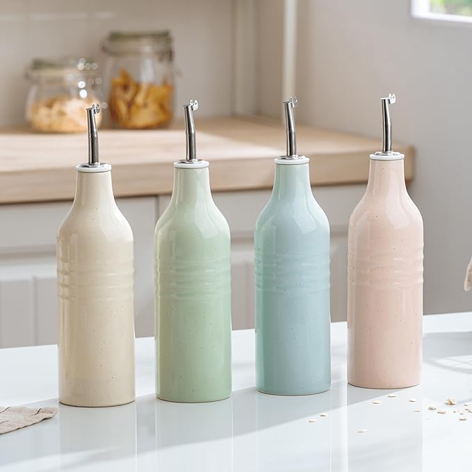 famiware Jupiter 16oz Ceramic Olive Oil Dispenser Bottle, Olive Oil and Vinegar Dispenser Bottle Set of 2 with Stainless Steel Pourers, Suitable for Storage Vinegar, Liquids, Light Green