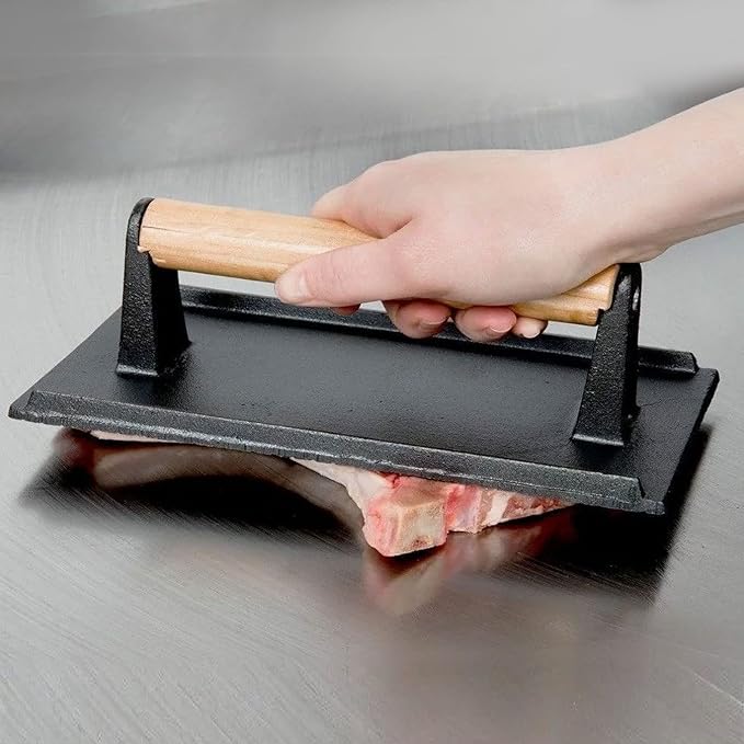 2 Pack Black Cast Iron Grill Press, 7 x7 Inch Round and 8 x 4 Inch Rectangle Heavy Weight Bacon Press with Wooden Handle, Steak Weights for Grill Burgers Bacon Bread