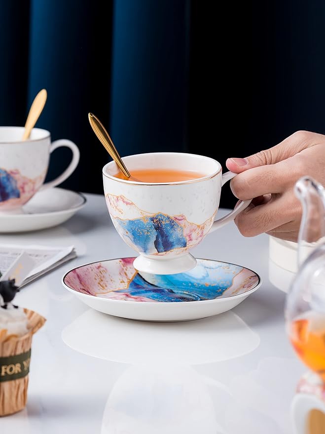 Jusalpha Fine China Rainbow Galaxy Series Glass Tea Pot with Infuser-Teapot Warmer Teacup and Saucer Set with Spoon in Gift Box- 16 pcs in 1 set, (FD Glass pot set 08)