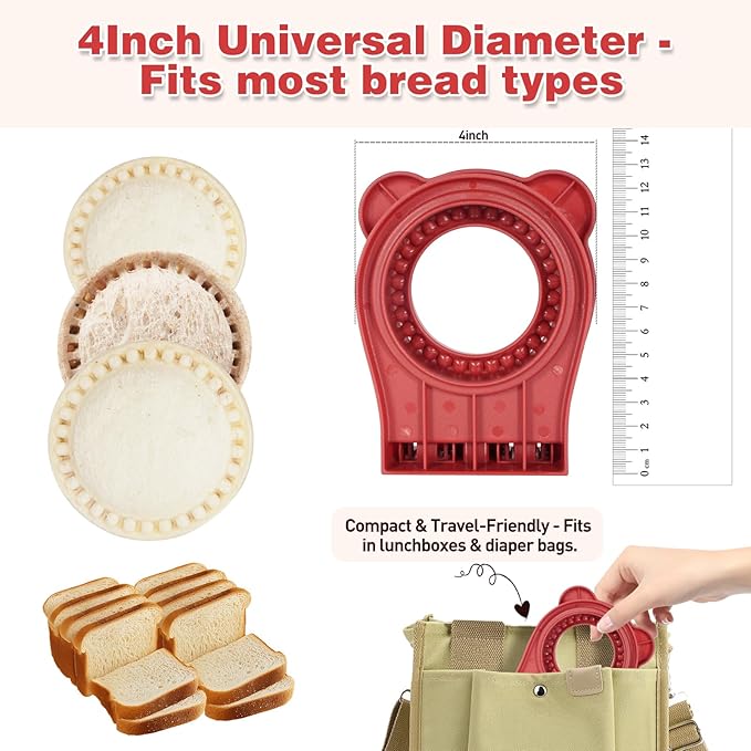 Leak-Proof & BPA-free Sandwich Cutter and Sealer for PB&J, Round Crustless Kitchen Tool, Kids Lunch Snacks Maker for Biscuit, Cookie-Dough, Red