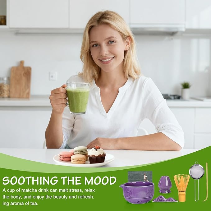 7Pcs Matcha Whisk Set,Ceramic Matcha Tea Set Includes Whisk Matcha Bowl Scoop and Whisk with Holder Sifter Towel,Elegant Matcha Kit Gift for Matcha Enthusiasts and Tea Lovers(Purple)