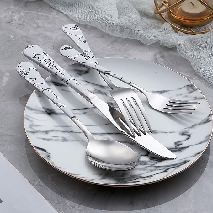 20-Piece Silverware Set with Stainless Steel Flatware - White Marbling Handle Cutlery - Dinner Knives, Forks, Spoons - Dishwasher Safe