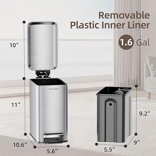 Small Bathroom Trash Can with Soft-Close Lid,6L/1.6 Gal Stainless Steel Slim Step Garbage Can with Removable Inner Bucket for Bedroom、Bathroom
