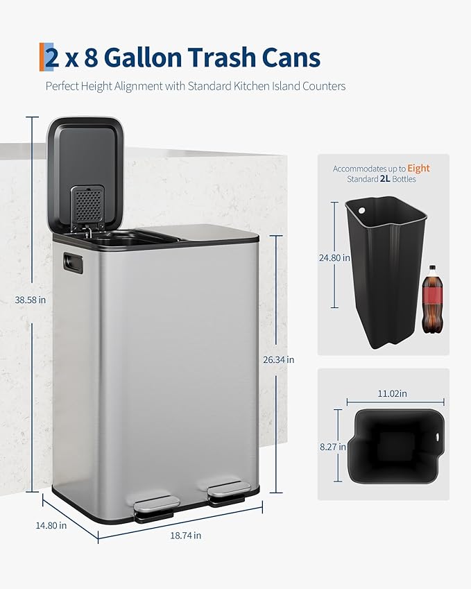 GarveeHome 2 x 8 gal Stainless Steel Double Trash Can with Lid for Kitchen, Large Dual Trash and Recycle Bin Combo, Step-on Kitchen Metal Garbage Cans, PP Inner Buckets, Liner Rim, Silver
