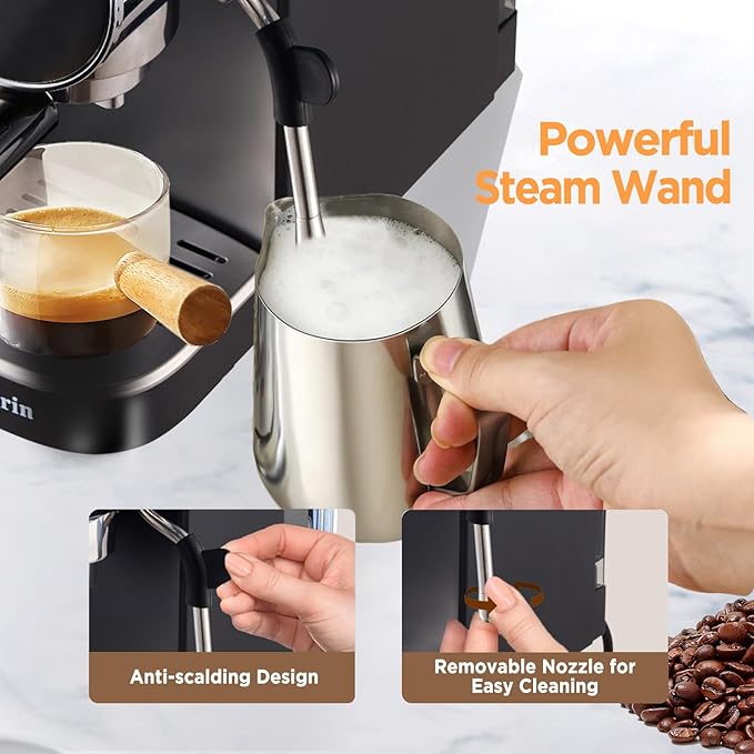 Espresso Machine,15 Bar Semi-Automatic Espresso Maker with Milk Frother,Touch Screen Black Stainless Steel Coffee Machine with 40oz Removable Water Tank,Cappuccino,Latte,Americano for Home