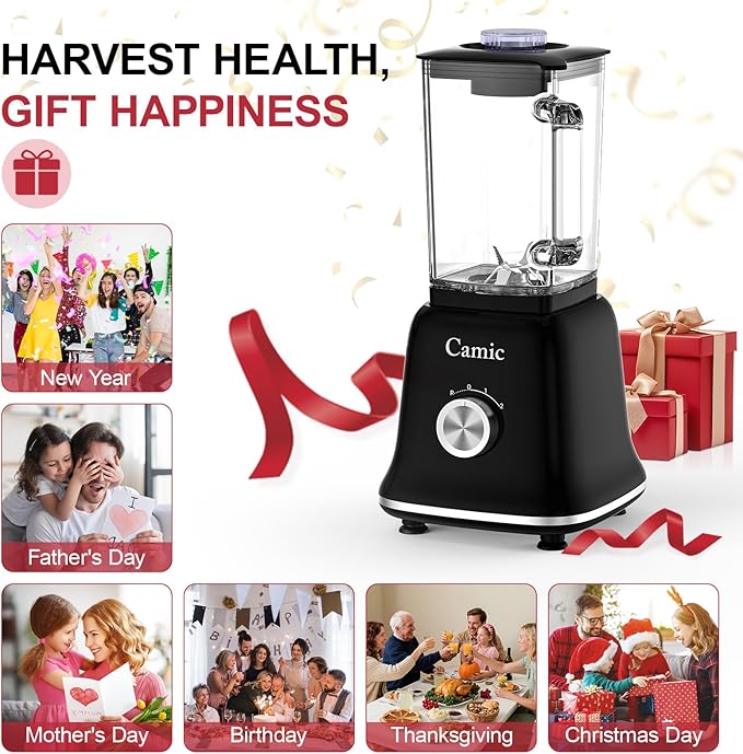 Camic 750W Professional Blender,6-Cup Glass Jar Blender for Smoothies and Shakes with 6 Sharp Stainless Steel Blades,Ice Crush Function,for Juice,Puree, Soup(OnyxBlack)